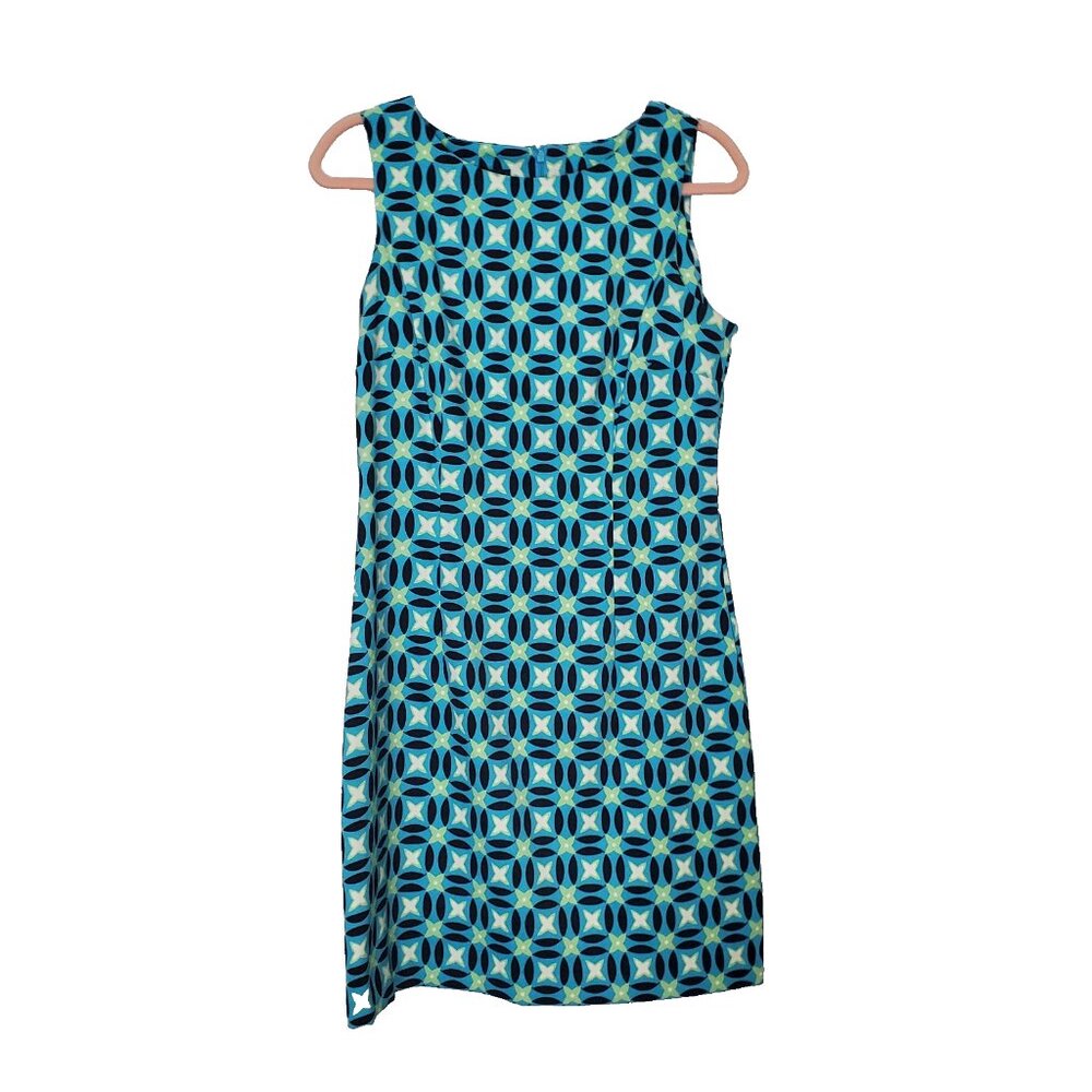 AGB Blue Print Sheath Dress Size 10  Back Zip Princess Seams Sleeveless